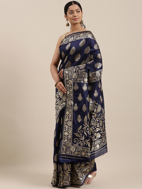 

DIVASTRI Navy Blue & Gold-Toned Ethnic Motifs Zari Silk Blend Banarasi Saree