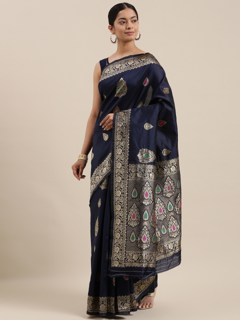 

DIVASTRI Navy Blue Ethnic Motifs Silk Blend Heavy Work Jacquard Banarasi Saree