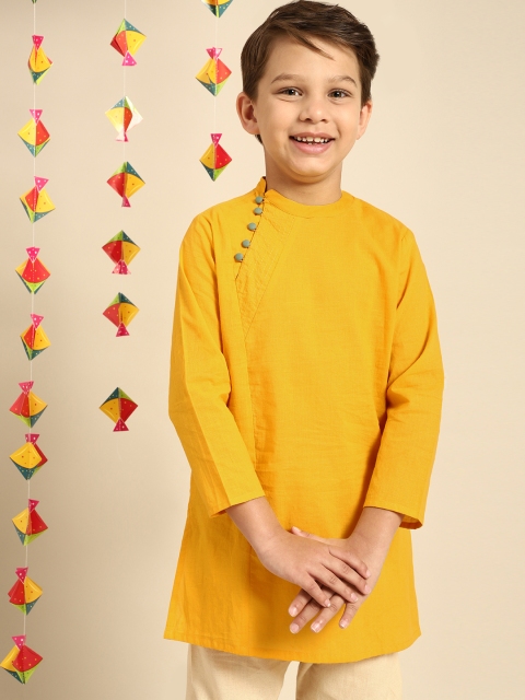 

House of Pataudi Boys Mustard Yellow Solid Band Collar Thread Work Cotton A-Line Kurta