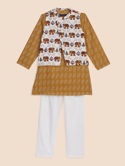 

House of Pataudi Boys Mustard Brown & White Thread Work Cotton Kurta Set with Nehru Jacket