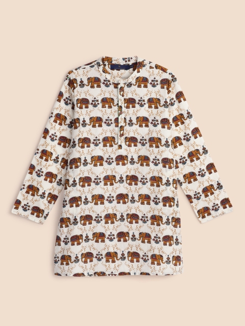 

House of Pataudi Boys Off-White & Brown Ethnic Motifs Printed Pure Cotton Kurta