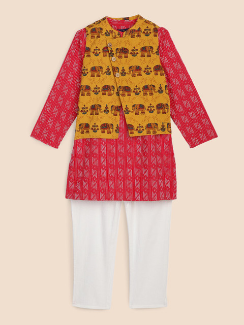 

House of Pataudi Boys Red & White Thread Work Cotton Kurta Set with Nehru Jacket