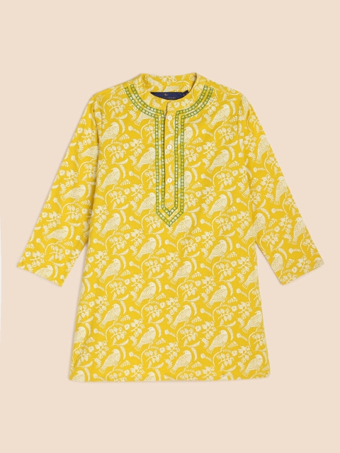 

House of Pataudi Boys Yellow Printed Pure Cotton Kurta