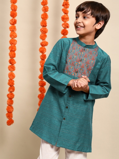 

House of Pataudi Boys Teal Green & White Embroidered Kurta with Pyjamas