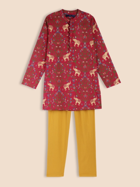 

House of Pataudi Boys Red Printed Pure Cotton Kurta with Pyjamas