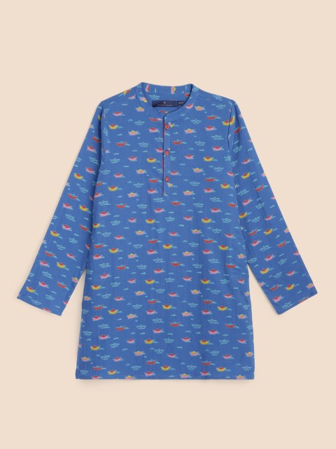 

House of Pataudi Boys Blue Printed Mandarin Collar Pure Cotton Quirky Regular Kurta