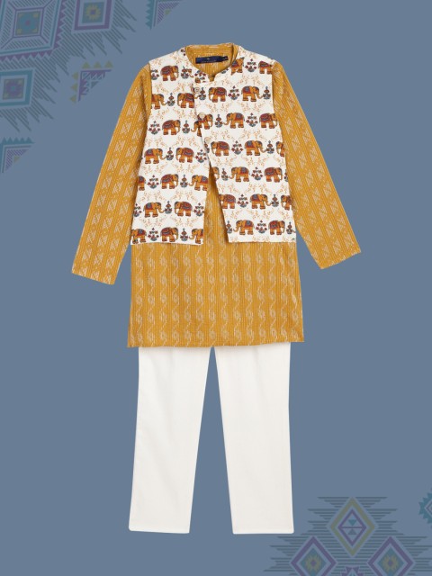 

House of Pataudi Boys Mustard Yellow Regular Pure Cotton Kurta with Pyjamas