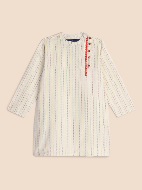 

House of Pataudi Boys Off-White & Red Striped Angrakha Pure Cotton Kurta