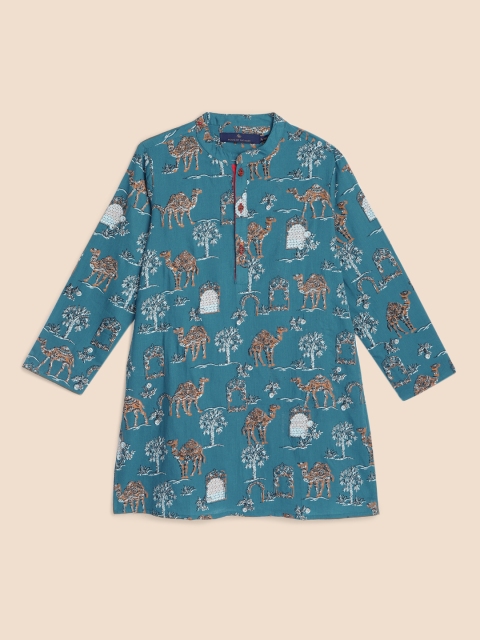 

House of Pataudi Boys Teal Blue Pure Cotton Ethnic Motifs Printed Kurta