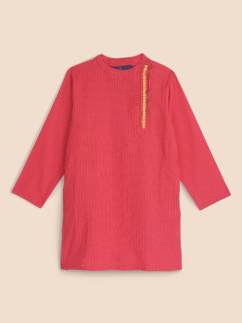 

House of Pataudi Boys Red Striped Angrakha Pure Cotton Kurta
