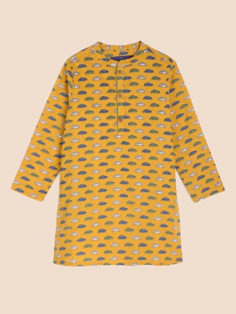 

House of Pataudi Boys Mustard Yellow Car Print Pure Cotton Kurta