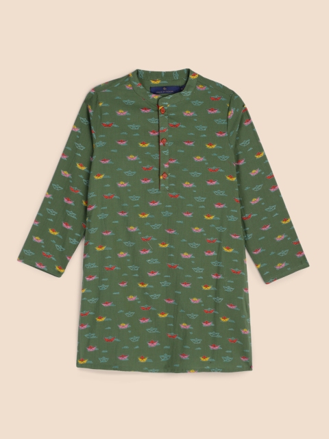 

House of Pataudi Boys Green Printed Mandarin Collar Pure Cotton Regular Kurta