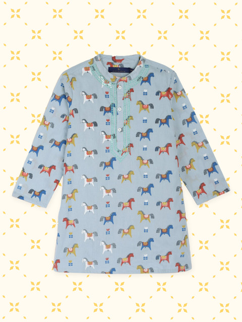 

House of Pataudi Boys Blue Printed Pure Cotton Kurta