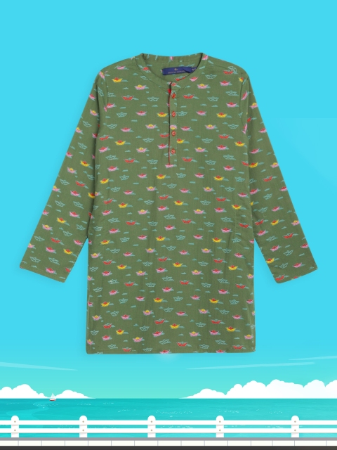 

House of Pataudi Boys Green Printed Mandarin Collar Pure Cotton Quirky Regular Kurta