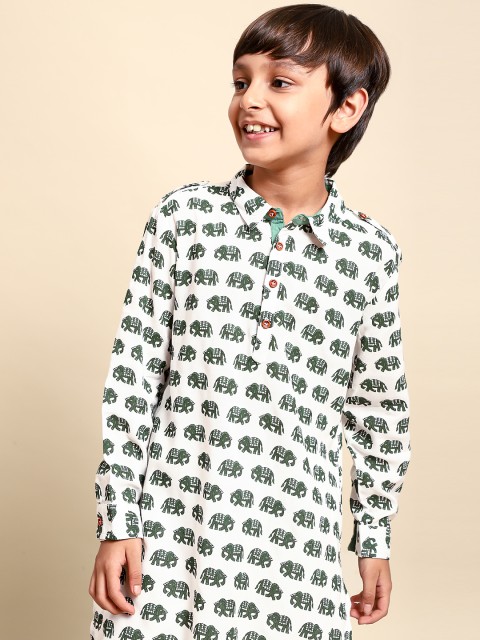

House of Pataudi Boys White & Olive Green Pure Cotton Printed Kurta