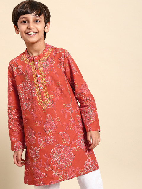 

House of Pataudi Boys Orange Pure Cotton Embroidered Kurta