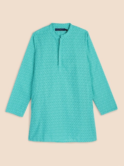 

House of Pataudi Boys Teal Blue Ethnic Motifs Chikankari Kurta