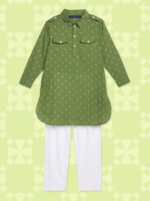 

House of Pataudi Boys Green & White Printed Regular Pure Cotton Kurta with Pyjamas