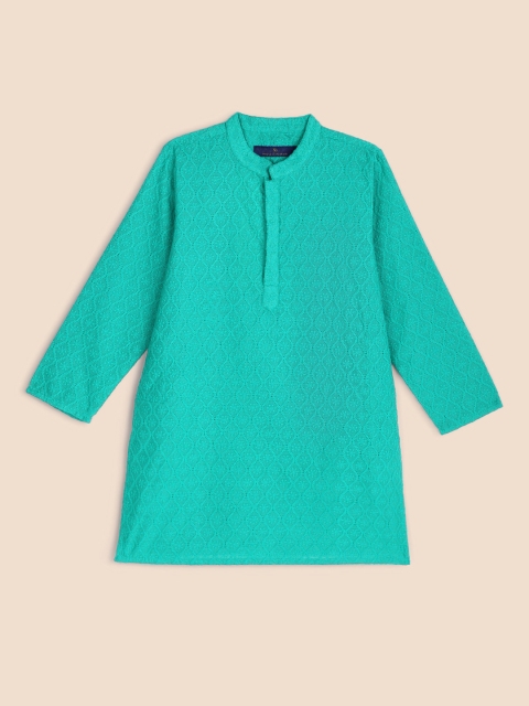 

House of Pataudi Boys Teal Green Ethnic Motifs Chikankari Kurta