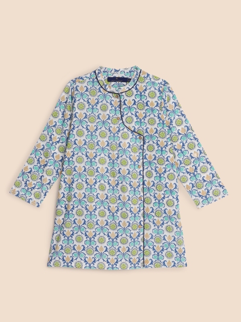 

House of Pataudi Boys Blue & White Pure Cotton Ethnic Motifs Printed Kurta