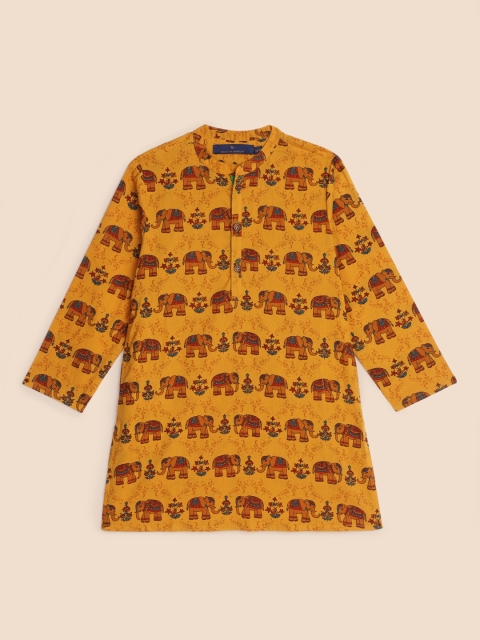 

House of Pataudi Boys Mustard Yellow Pure Cotton Ethnic Motifs Printed Kurta