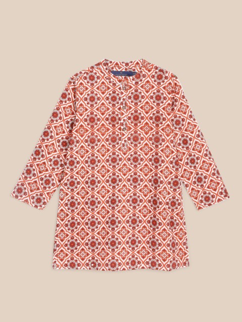 

House of Pataudi Boys Orange & White Pure Cotton Ethnic Motifs Printed Floral Kurta