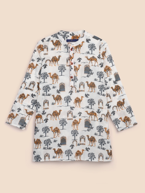 

House of Pataudi Boys White Printed Pure COtton Kurta