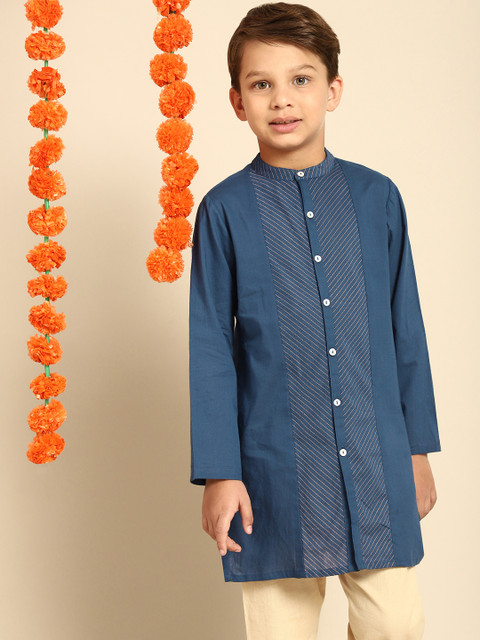 

House of Pataudi Boys Blue Woven Design Pure Cotton Kurta
