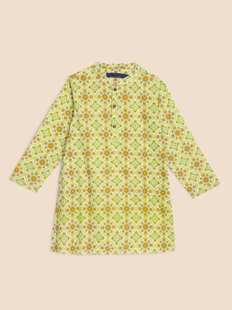 

House of Pataudi Boys Lime Green Pure Cottons Ethnic Motifs Printed Floral Kurta