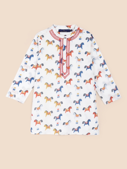 

House of Pataudi Boys White Printed Pure Cotton Kurta