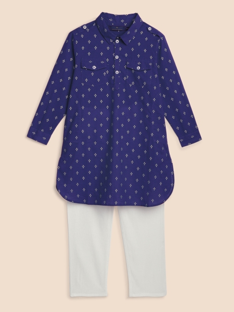 

House of Pataudi Boys Blue & White Printed Regular Pure Cotton Kurta with Pyjamas