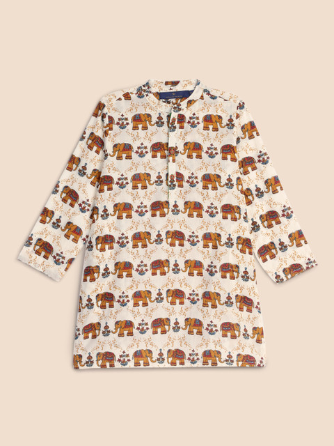 

House of Pataudi Boys Off-White & Brown Ethnic Motifs Printed Pure Cotton Kurta