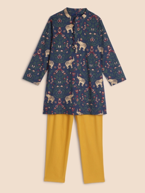 

House of Pataudi Boys Navy Blue & Yellow Ethnic Motifs Pure Cotton Kurta with Salwar