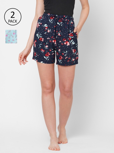 

URBAN SCOTTISH Women Pack of 2 Blue Floral Print Lounge Shorts