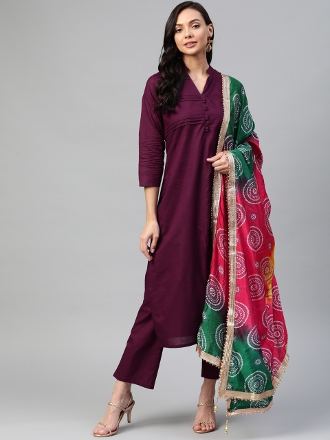 

Ives Women Aubergine Pleated Pure Cotton Kurta with Trousers & With Dupatta, Purple