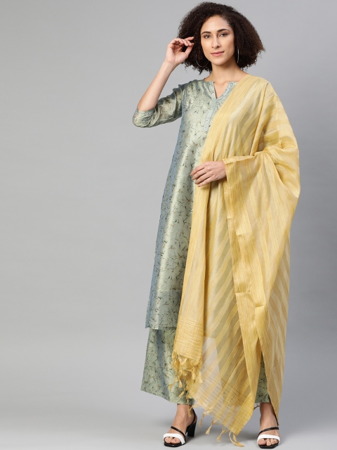 

Ives Women Green & Beige Abstract Print Straight Kurta with Palazzos & Dupatta