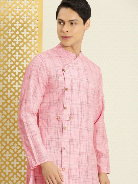 

House of Pataudi Men Pink Checked Rozana Angrakha Kurta