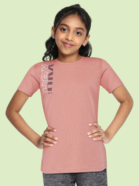 

HRX By Hrithik Roshan U-17 Active Girls Rose Dawn Rapid-Dry Brand Carrier T-shirt, Peach