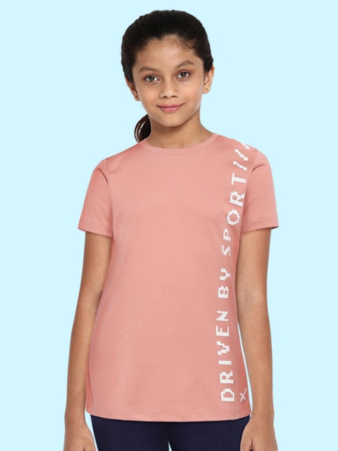 

HRX By Hrithik Roshan U-17 Active Girls Rose Dawn Rapid-Dry Typography Tshirts, Peach