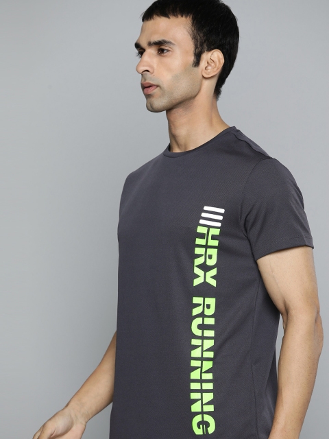 

HRX by Hrithik Roshan Men Charcoal Grey & Fluorescent Green Printed Running T-shirt