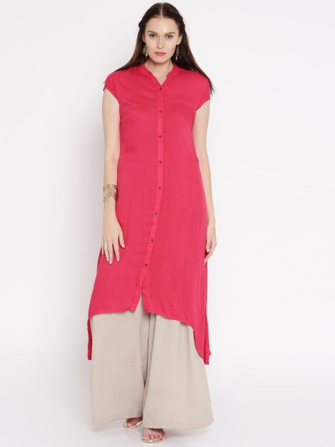 

Vishudh Women Pink Woven Design Straight Kurta