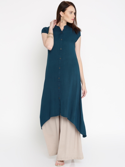

Vishudh Women Teal Blue Woven Design Straight Kurta