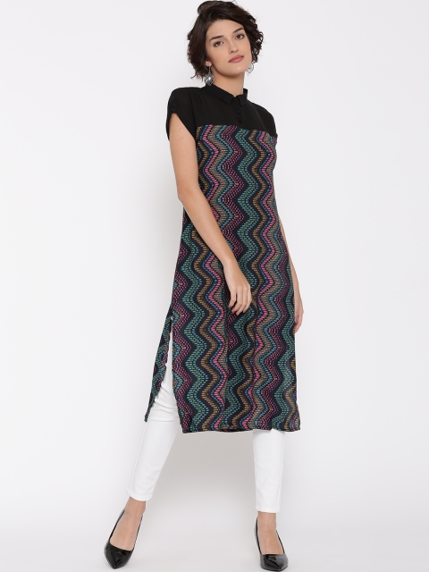 Vishudh Women Black Printed Straight Kurta available at myntra for Rs.379