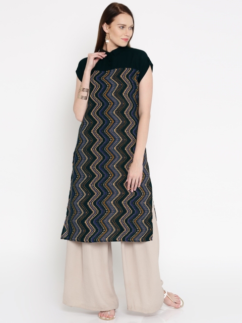 Vishudh Women Black Printed Straight Kurta available at myntra for Rs.379