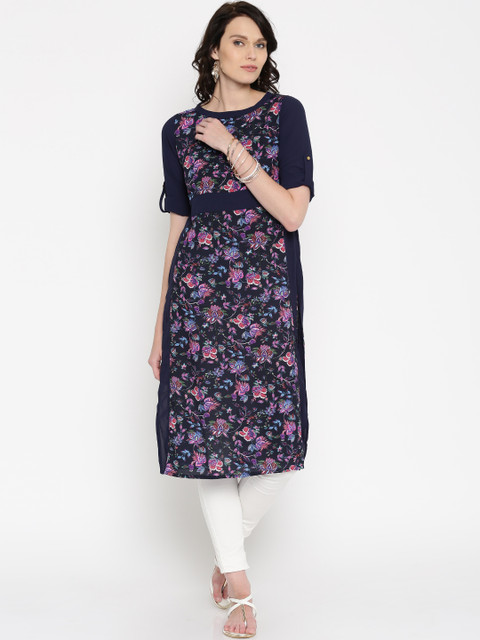 

Vishudh Navy Floral Printed Polyester Kurta, Navy blue