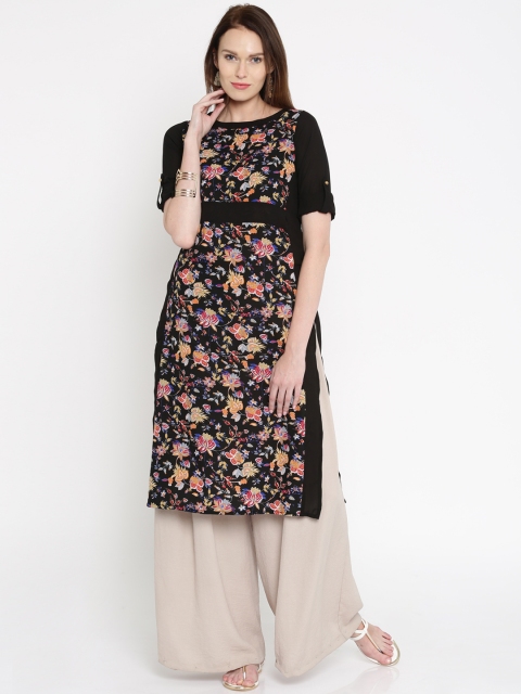 

Vishudh Women Black Printed Straight Kurta