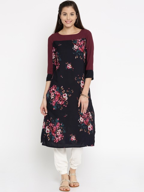 

Vishudh Women Navy Printed Straight Kurta, Navy blue
