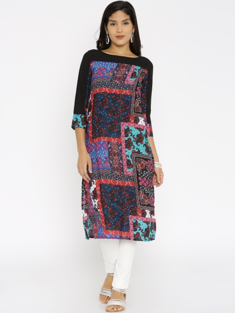 Vishudh Women Black Printed Straight Kurta available at myntra for Rs.359