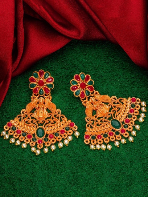 

aadita Gold-Toned & Green Pearls Studded Geometric Chandbalis Earrings
