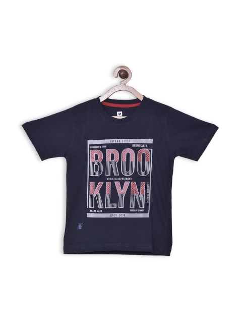 

612 league Boys Navy Blue Typography Printed Pure Cotton T-shirt